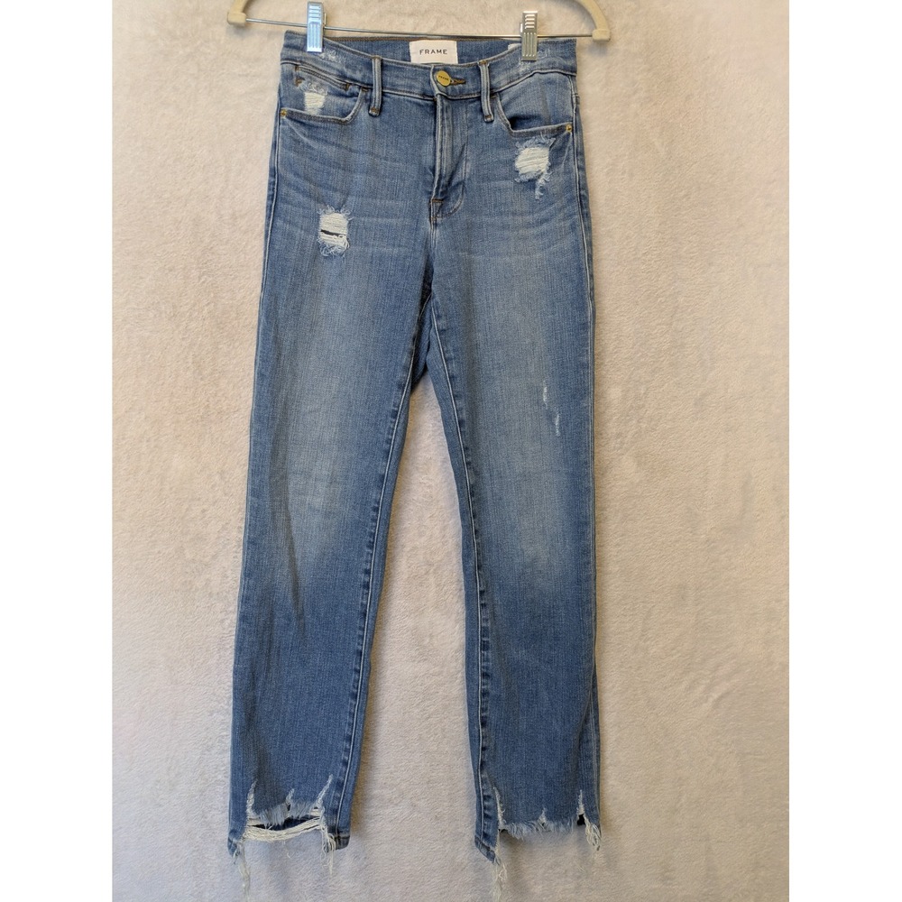 Frame Le High Straight Jeans Women's 25 Blue Distressed Laskey Rips - Picture 1 of 11
